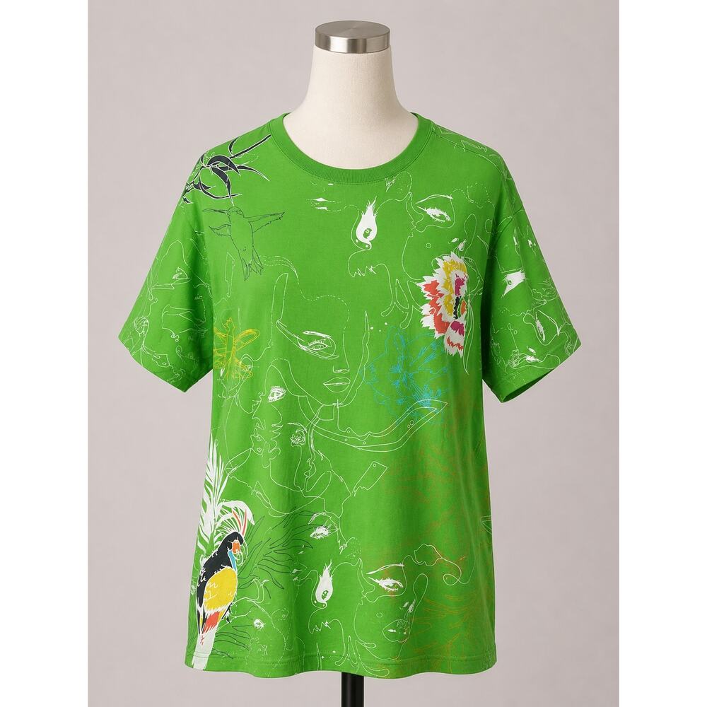 Artful Dodger green t shirt tropical design woman’s faces animals